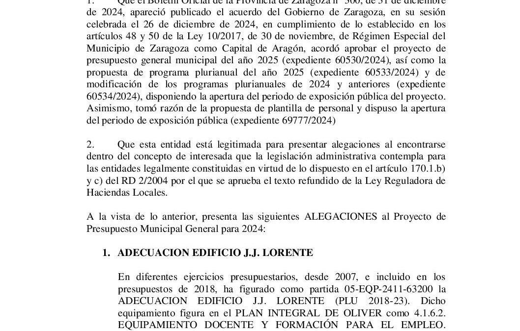 AV Oliver Alegaciones Presupuestos 2025