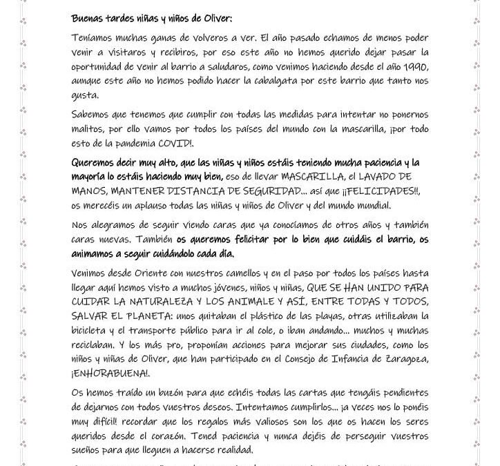 Visita Oliver Reyes Magos y Reinas Magas 2022 – Carta